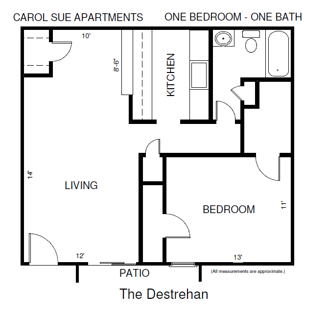 Floor plan for 1 bed, 1 bath, 700 sqft